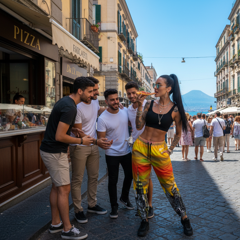 Girl wearing colorful Loria NYC ART pants on a lively street with buildings and mountains in the background