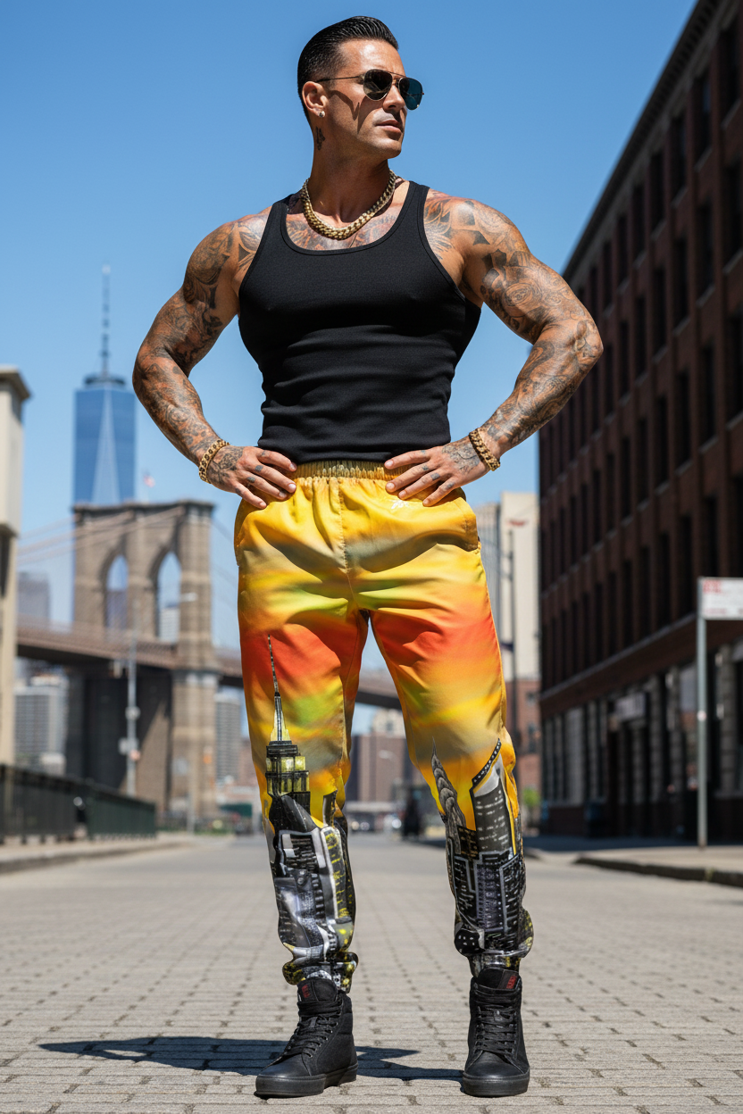 Person wearing a black tank top and colorful Loria NYC Art pants with a cityscape background