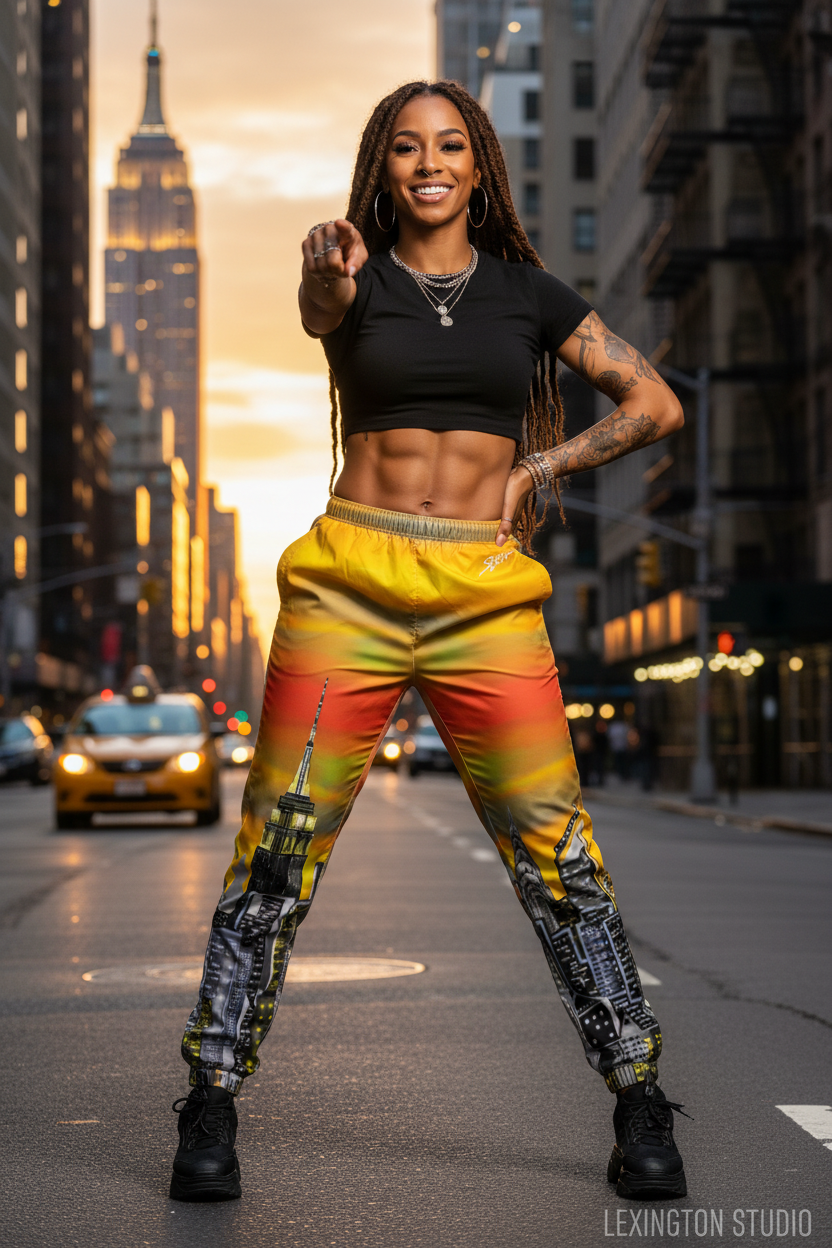 Person in colorful Loria NYC Art pants and black top standing on a city street with buildings and sunset in the background.