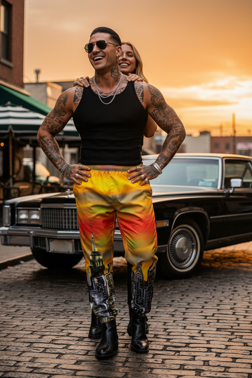 Man in colorful Loria NYC Art pants and black tank top standing in front of a classic car with a sunset in the background.