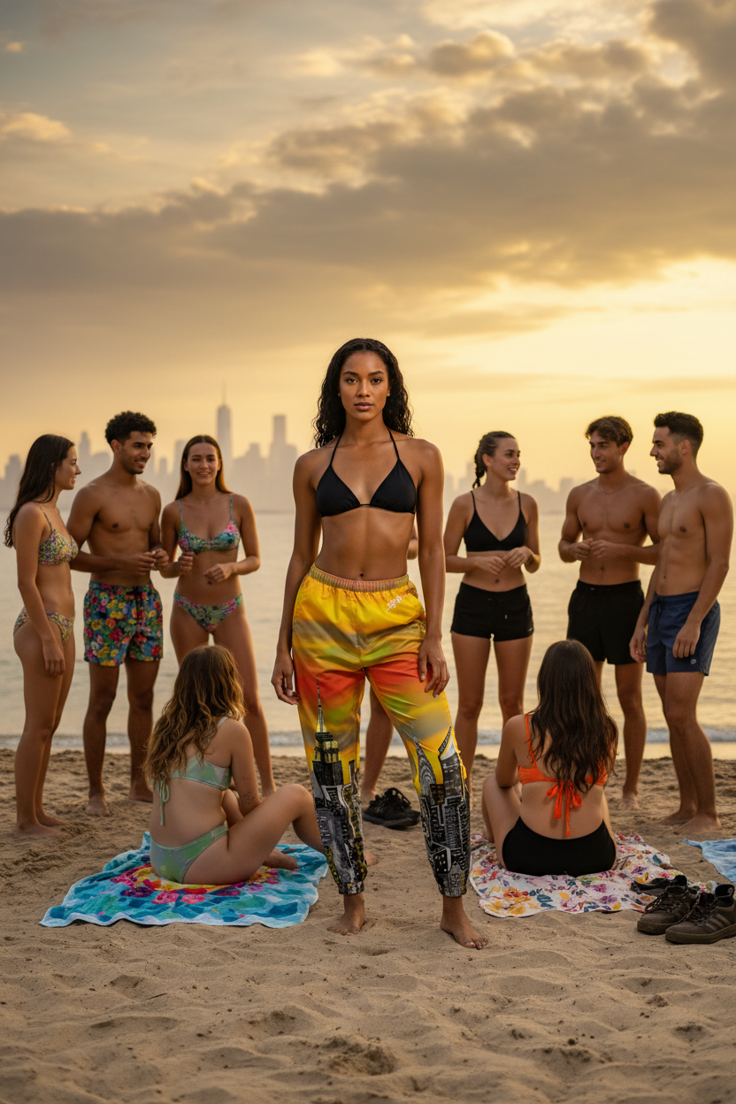 Group of people on a beach at sunset with colorful Loria NYC Art pants on a girl 