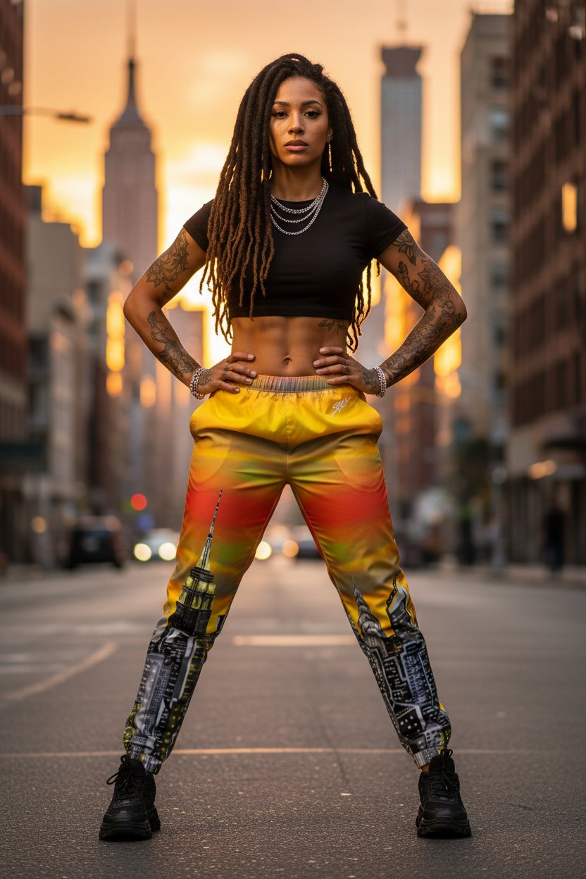 Woman in colorful Loria NYC Art pants and black top standing on a city street at sunset.
