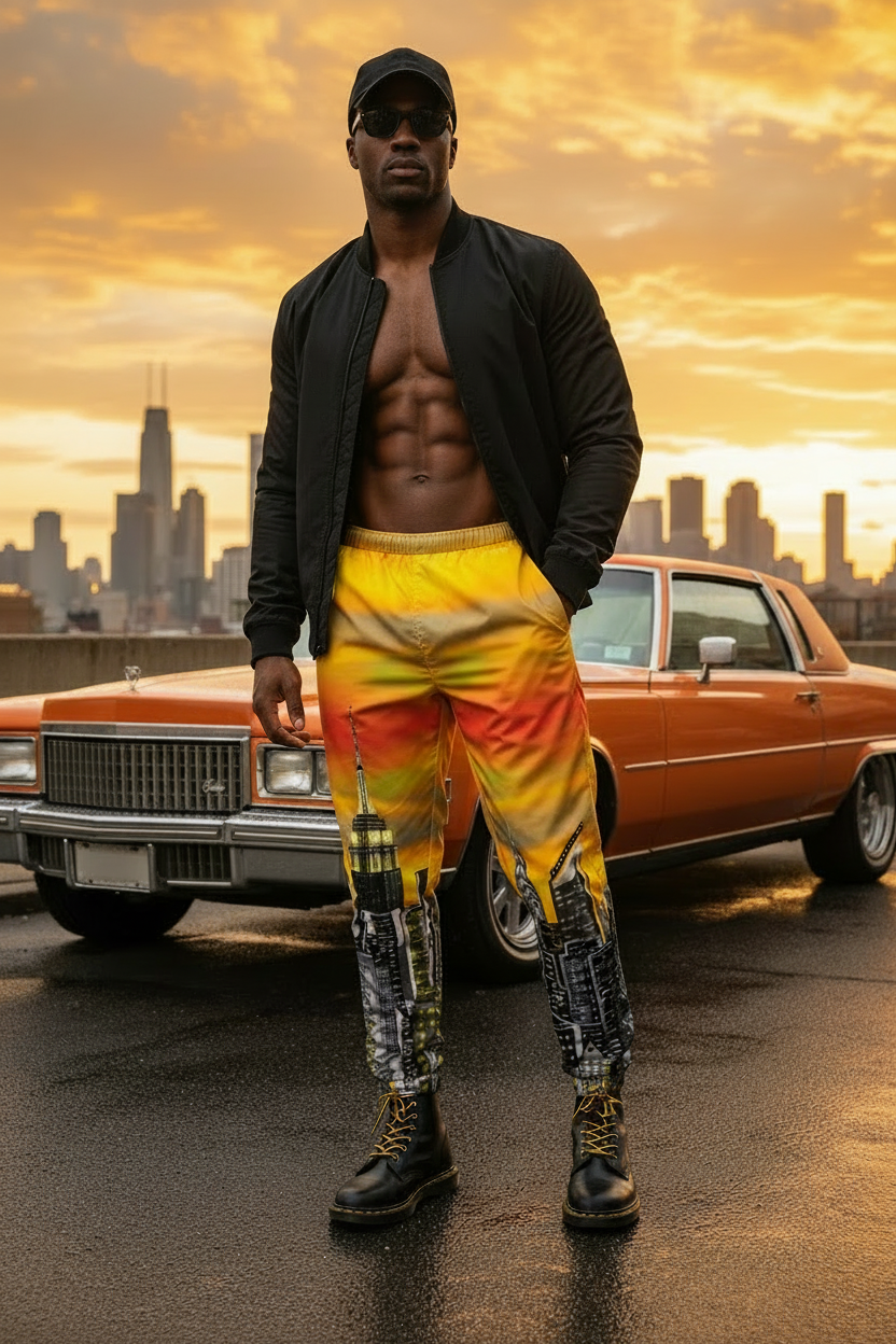 Man in colorful Loria NYC Art pants and jacket standing in front of a classic car with a city skyline in the background