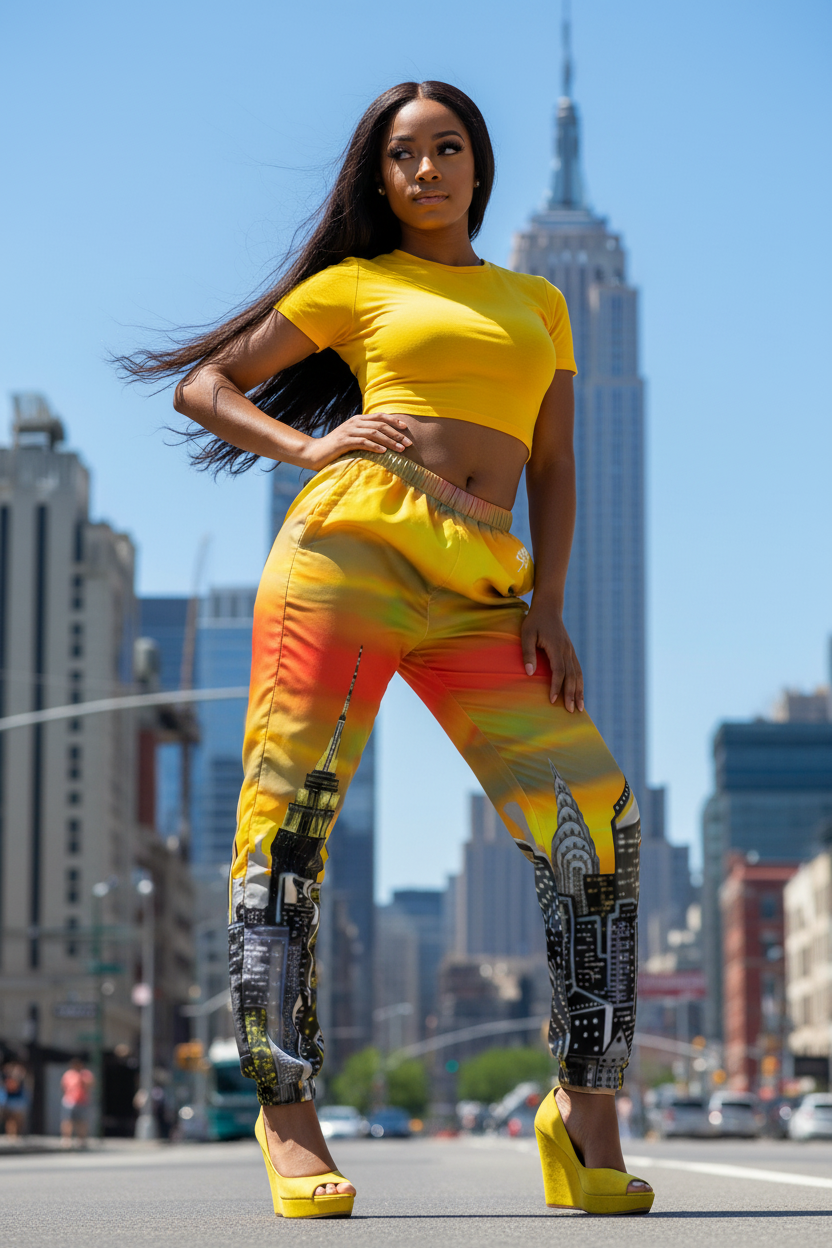 Woman in a yellow outfit with tie-dye Loria NYC Art pants standing on a city street with the Empire State Building in the background.