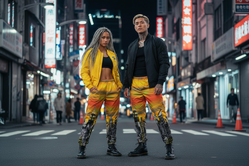 Two people wearing colorful Loria NYC Art track pants in an urban setting.