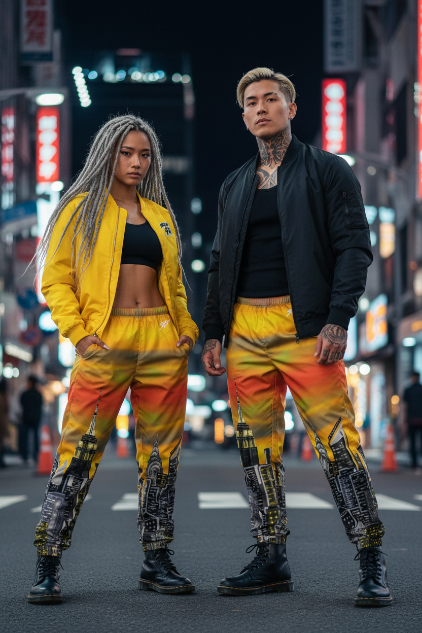 Two people in matching outfits with a Loria NYC Art cityscape background