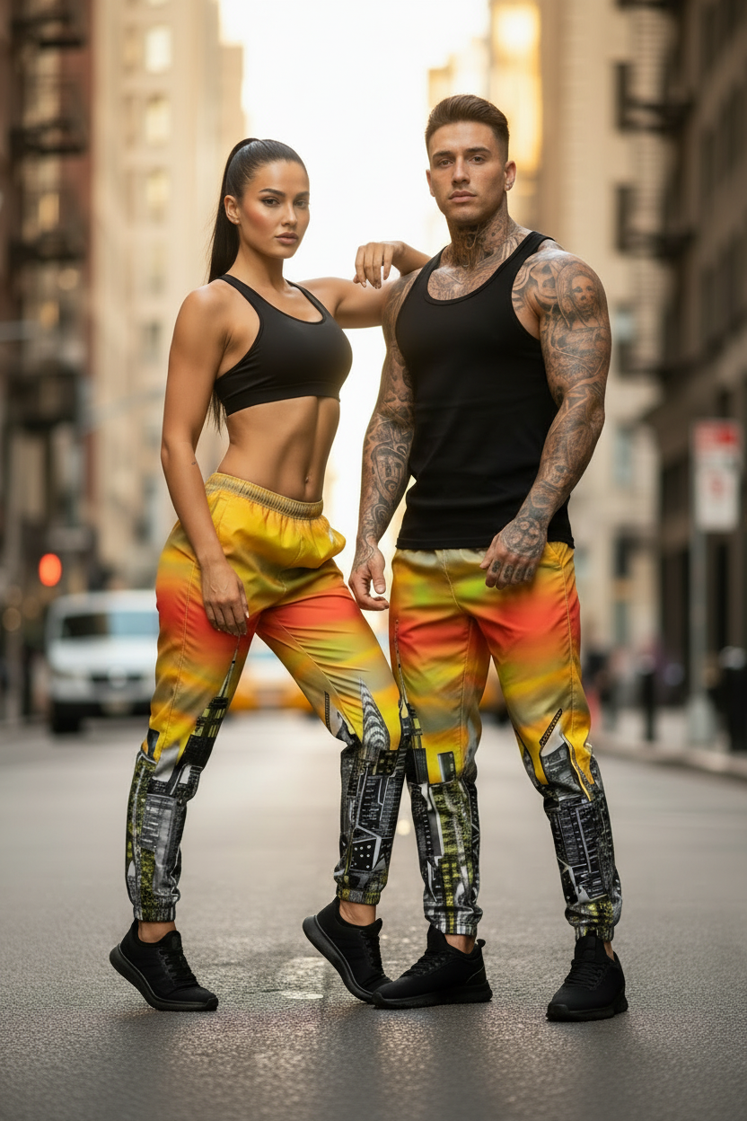 Two people wearing colorful Loria NYC Art pants standing on a city street.