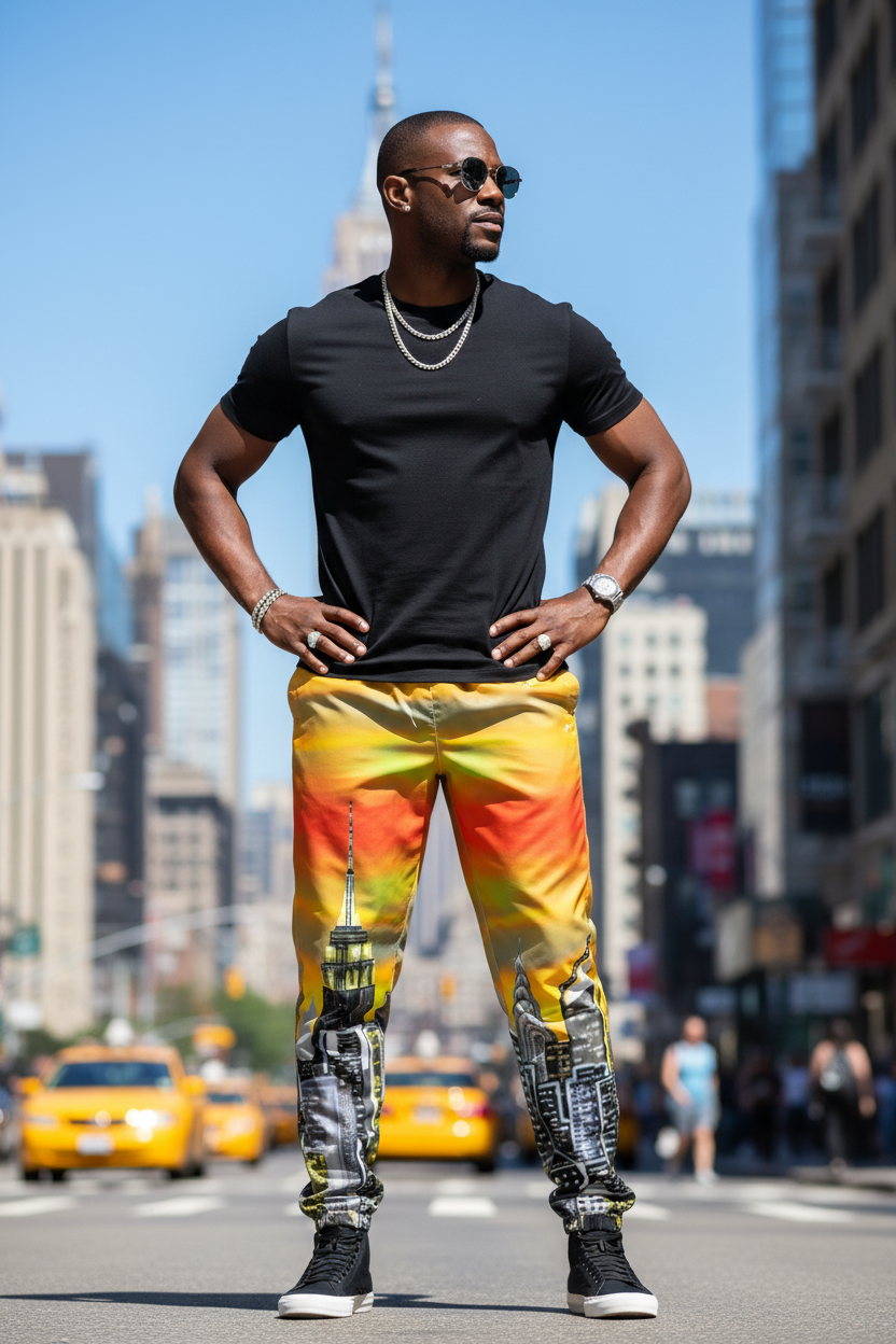 Man in black t-shirt and Loria NYC Art colorful pants standing on a city street with tall buildings in the background.