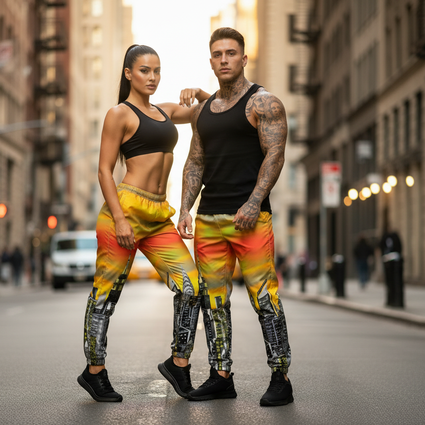 Two people wearing colorful Loria NYC Art pants standing on a city street.