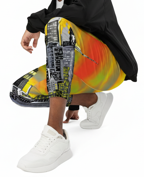 Person wearing colorful Loria NYC Art pants and white sneakers on a white background
