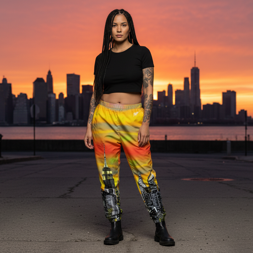 Woman wearing a white crop top and colorful Loria NYC Art pants with cityscape design on a sunset background