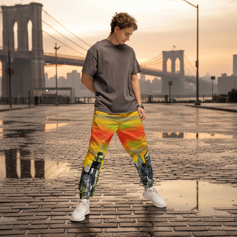 Person wearing a gray t-shirt and colorful pants with Loria NYC Art cityscape design on a urban background