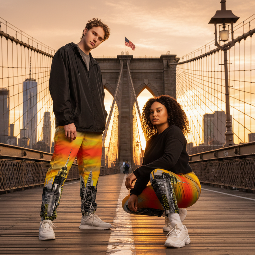 Two people wearing colorful pants with cityscape Loria NYC Art designs on the Brooklyn Bridge 