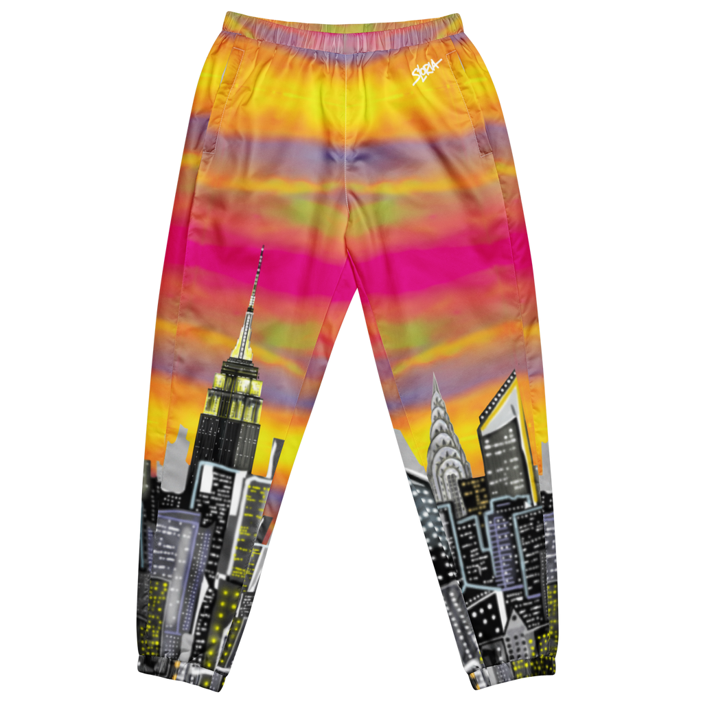 Colorful tie-dye Loria NYC Art sweatpants with cityscape design on a white background