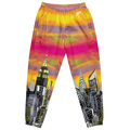 Colorful tie-dye Loria NYC Art sweatpants with cityscape design on a white background