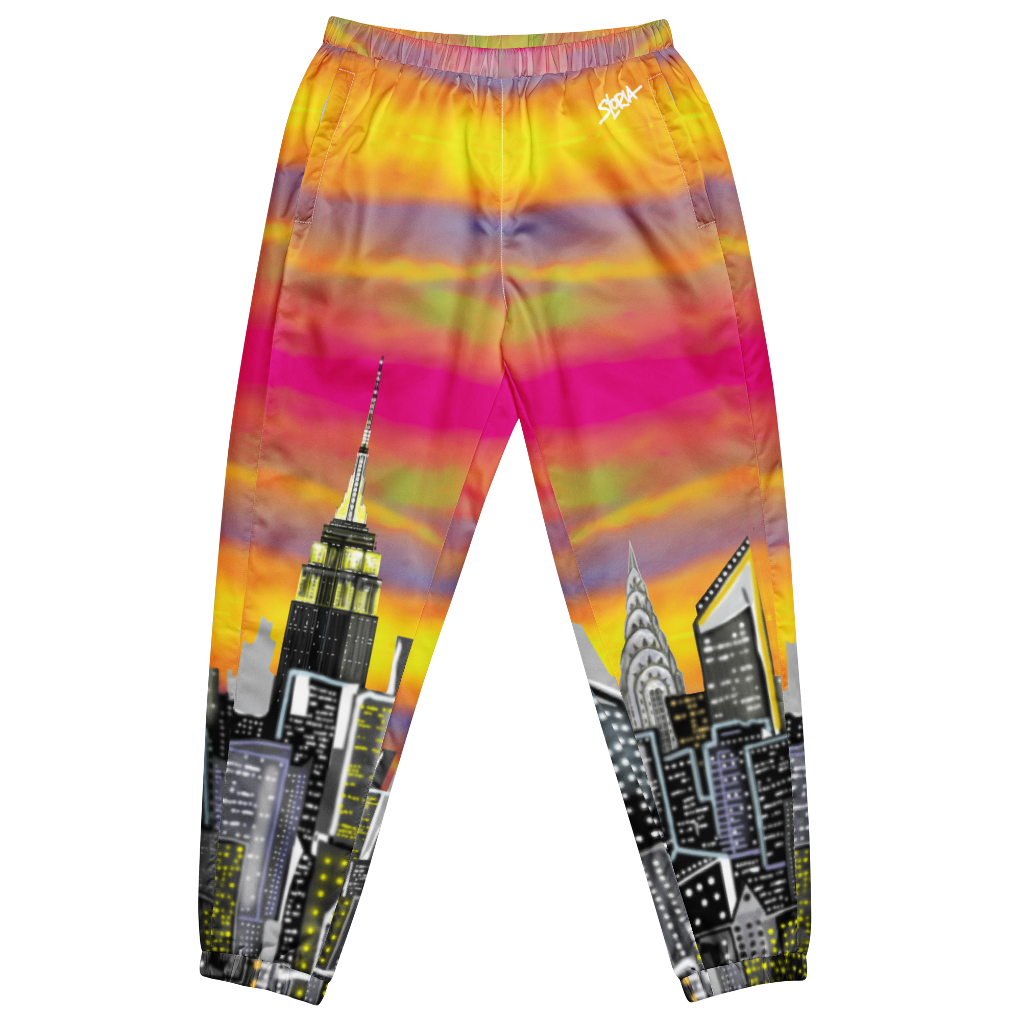 Colorful tie-dye Loria NYC Art sweatpants with cityscape design on a white background
