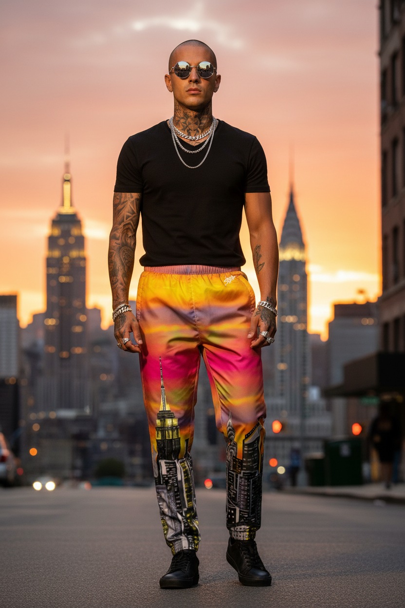 Man wearing a black t-shirt and colorful Loria NYC Art pants with a cityscape background