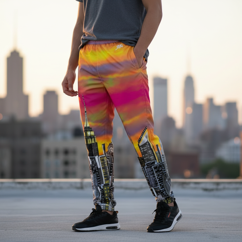 Person wearing colorful Loria NYC Art pants with city skyline in the background