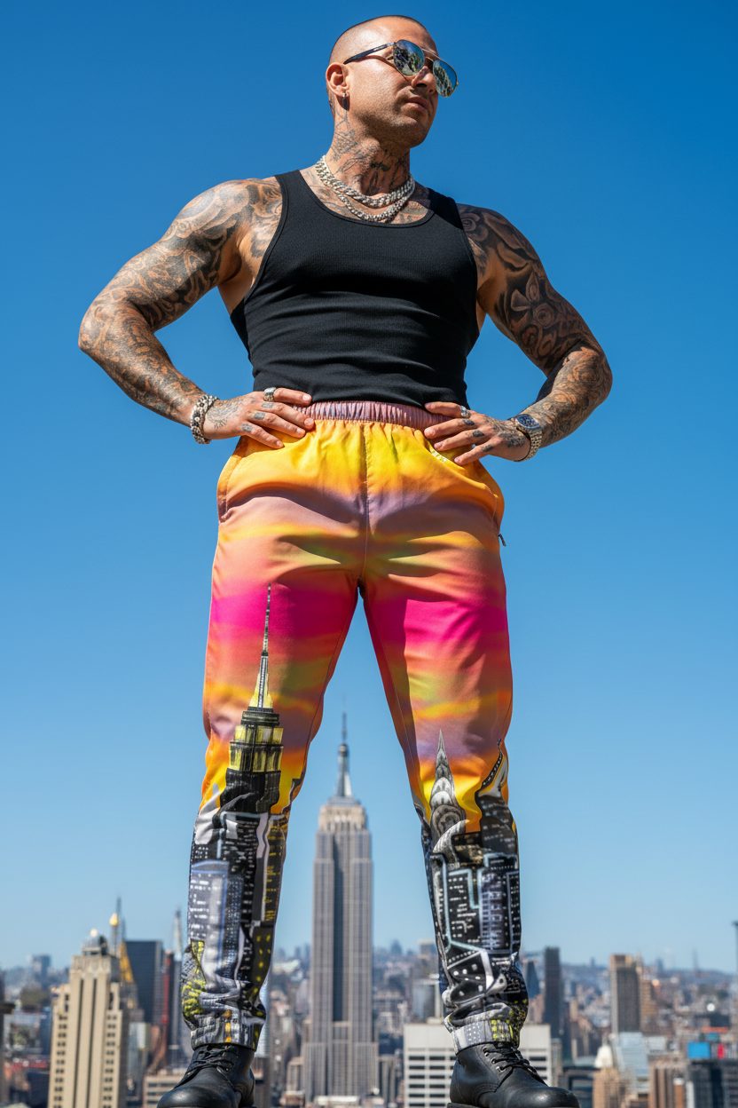 Person wearing  Loria NYC Art  colorful pants with a city skyline in the background