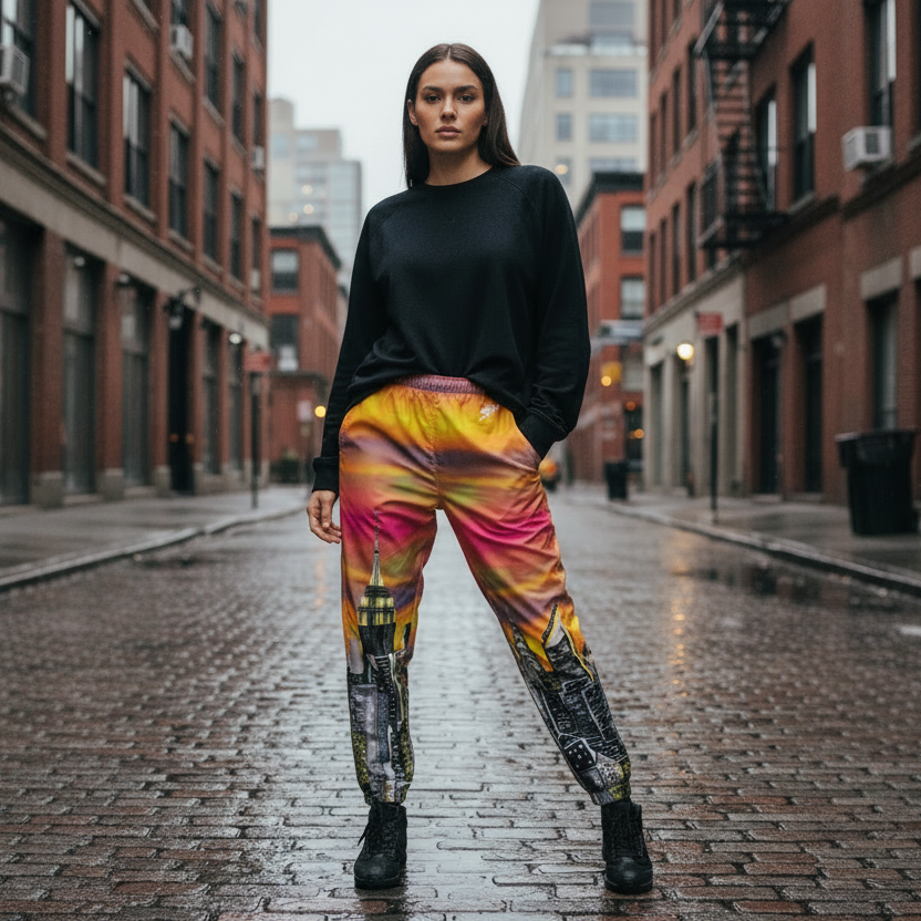 Person wearing a black top and Loria NYC Art colorful pants on a city street.