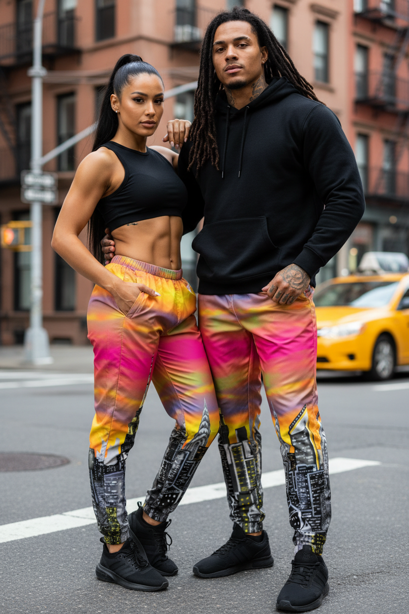 Two people wearing colorful Loria NYC Art pants standing on a city street with a taxi in the background.