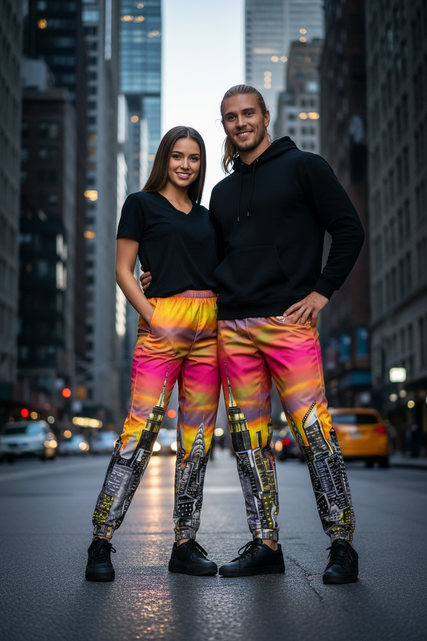 Two people wearing colorful Loria NYC Art  pants on a city street.