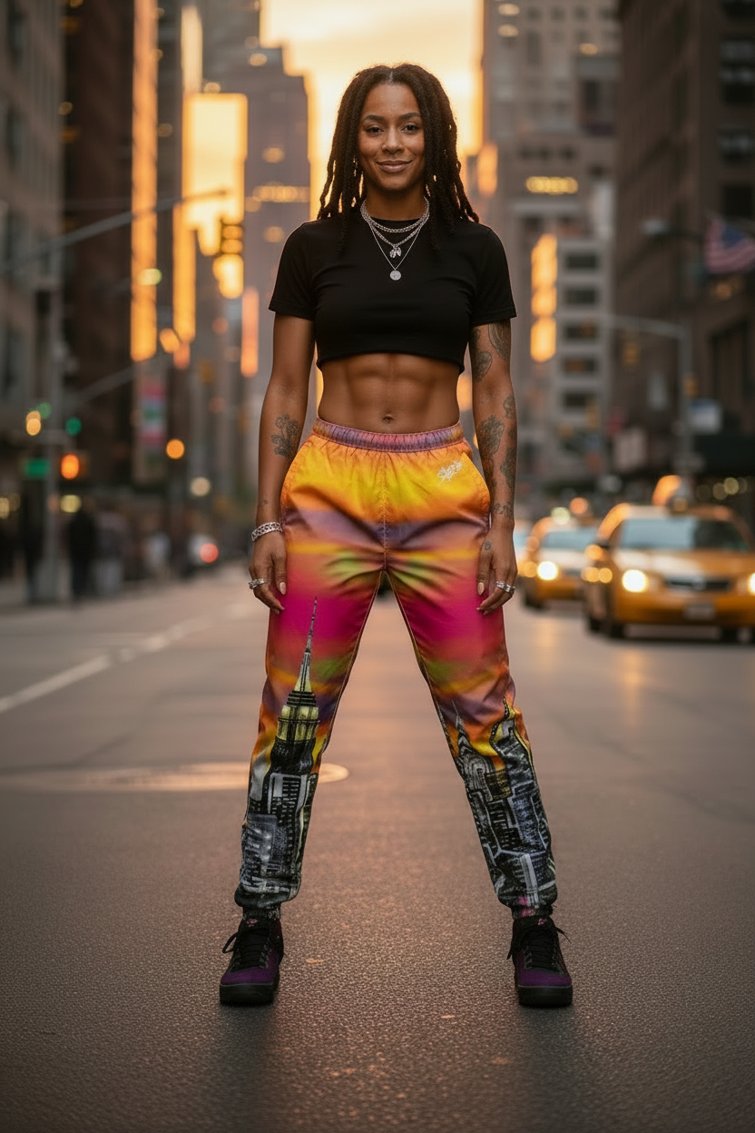 Person wearing colorful Loria NYC Art pants with cityscape design on a city street at sunset.