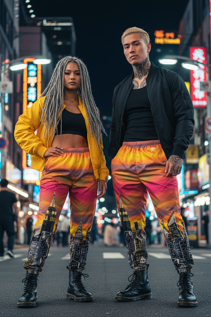 Two people wearing colorful Loria NYC Art outfits on a street at night.