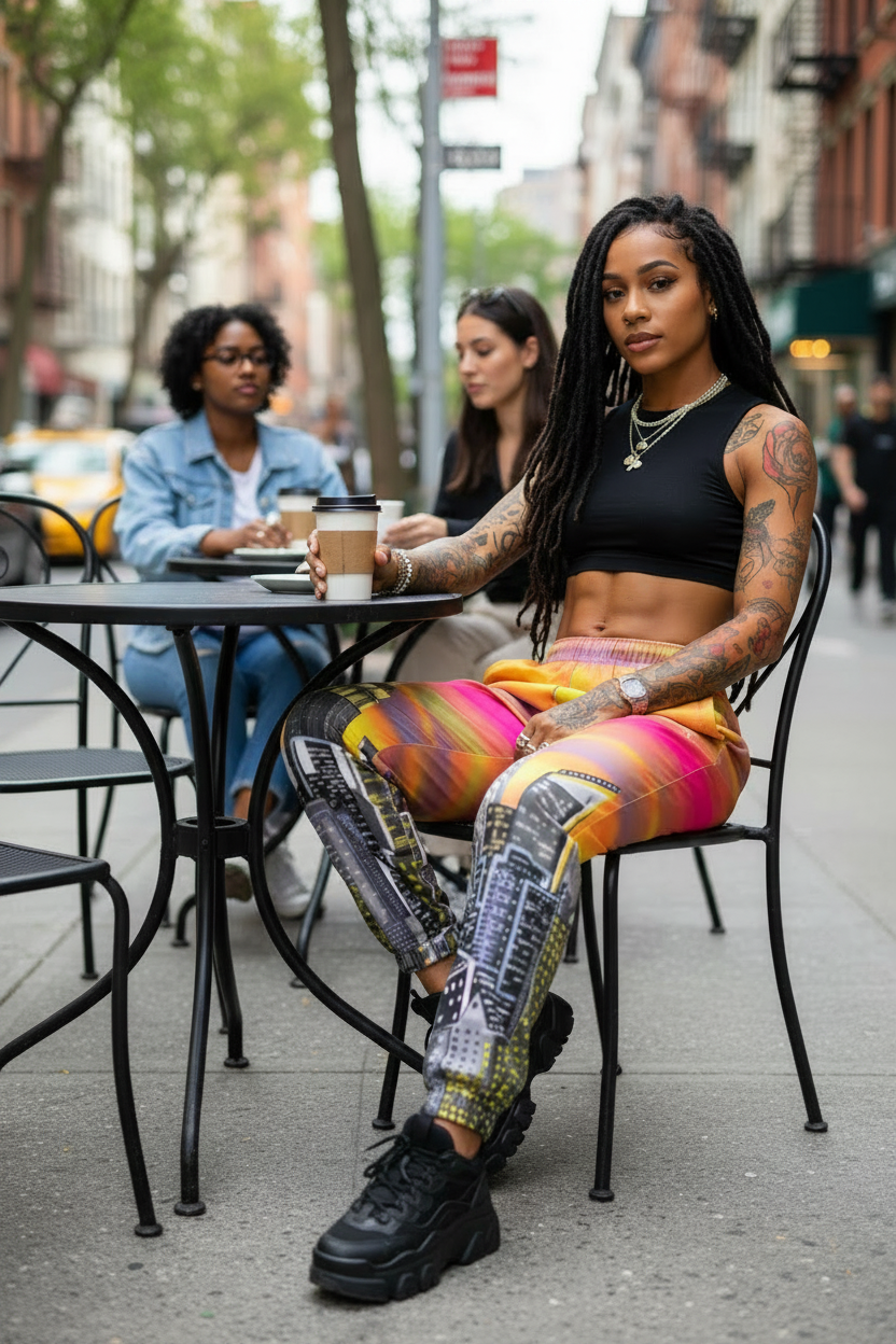 Woman wearing Loria NYC Art pants sitting at an outdoor cafe table in an urban setting