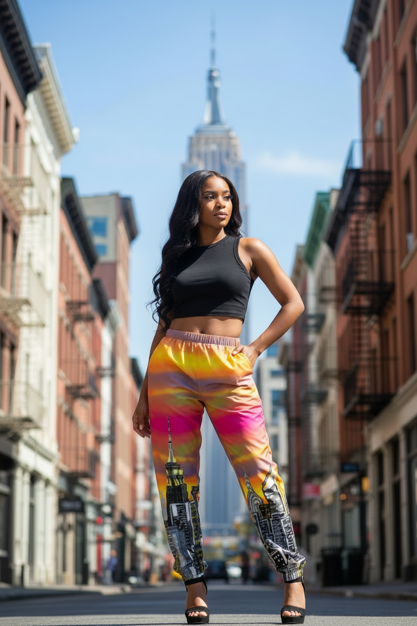 Woman in colorful Loria NYC Art pants and black top standing on a city street with the Empire State Building in the background