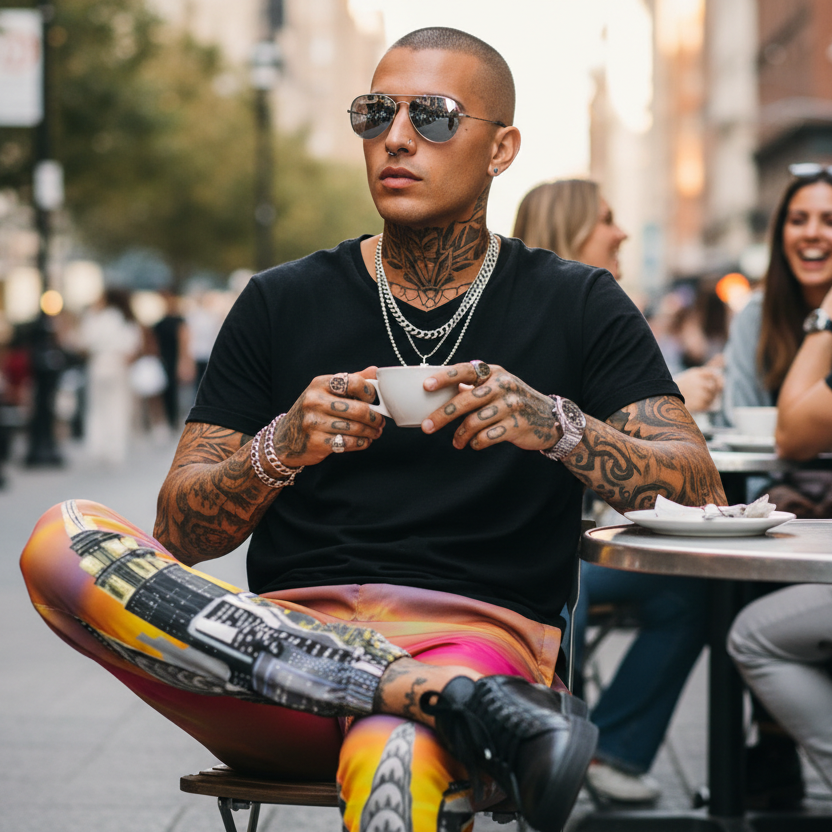 Man with tattoos sitting at an outdoor cafe table, holding a cup wearing Loria NYC Art pants.
