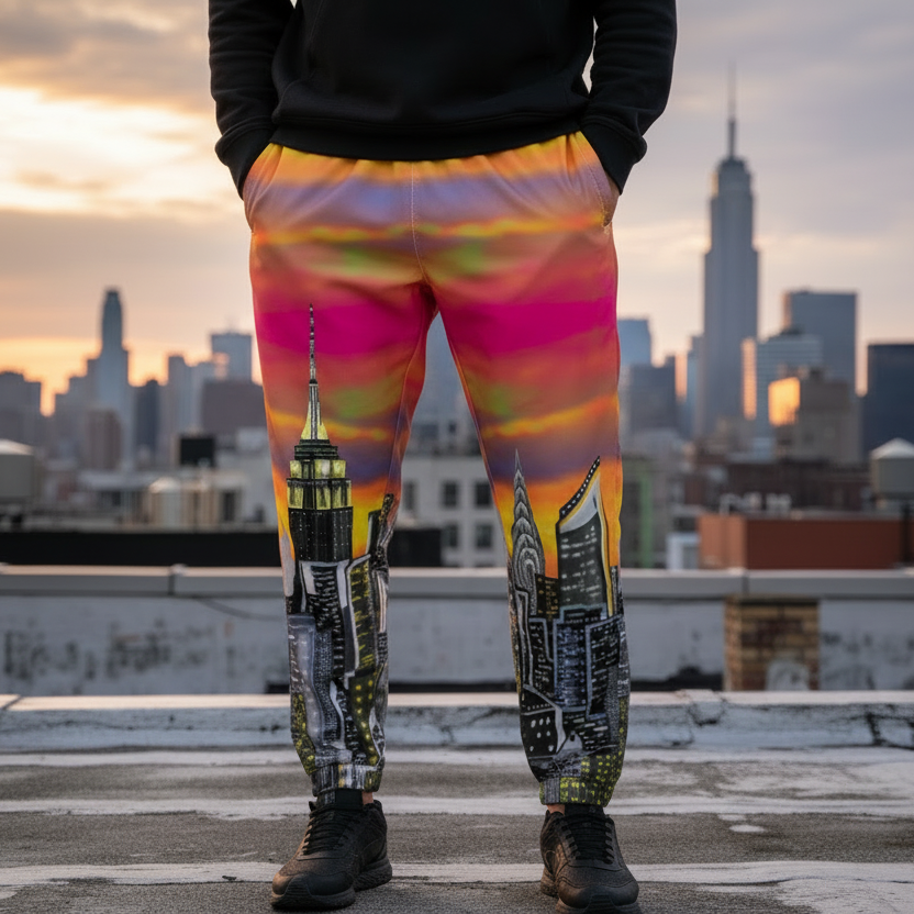 Person wearing colorful Loria NYC Art pants with cityscape design on a rooftop at sunset.