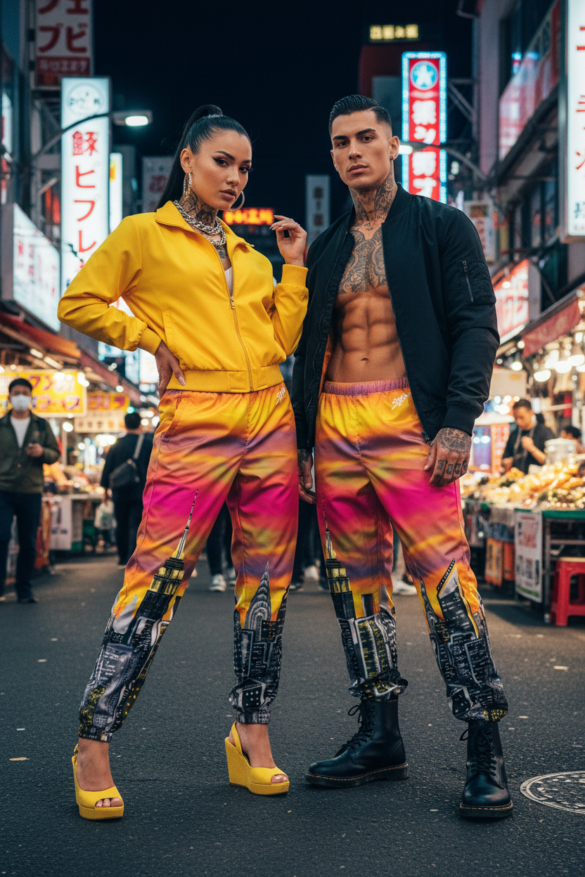 Two people in colorful Loria NYC Art outfits standing on a street with neon signs in the background