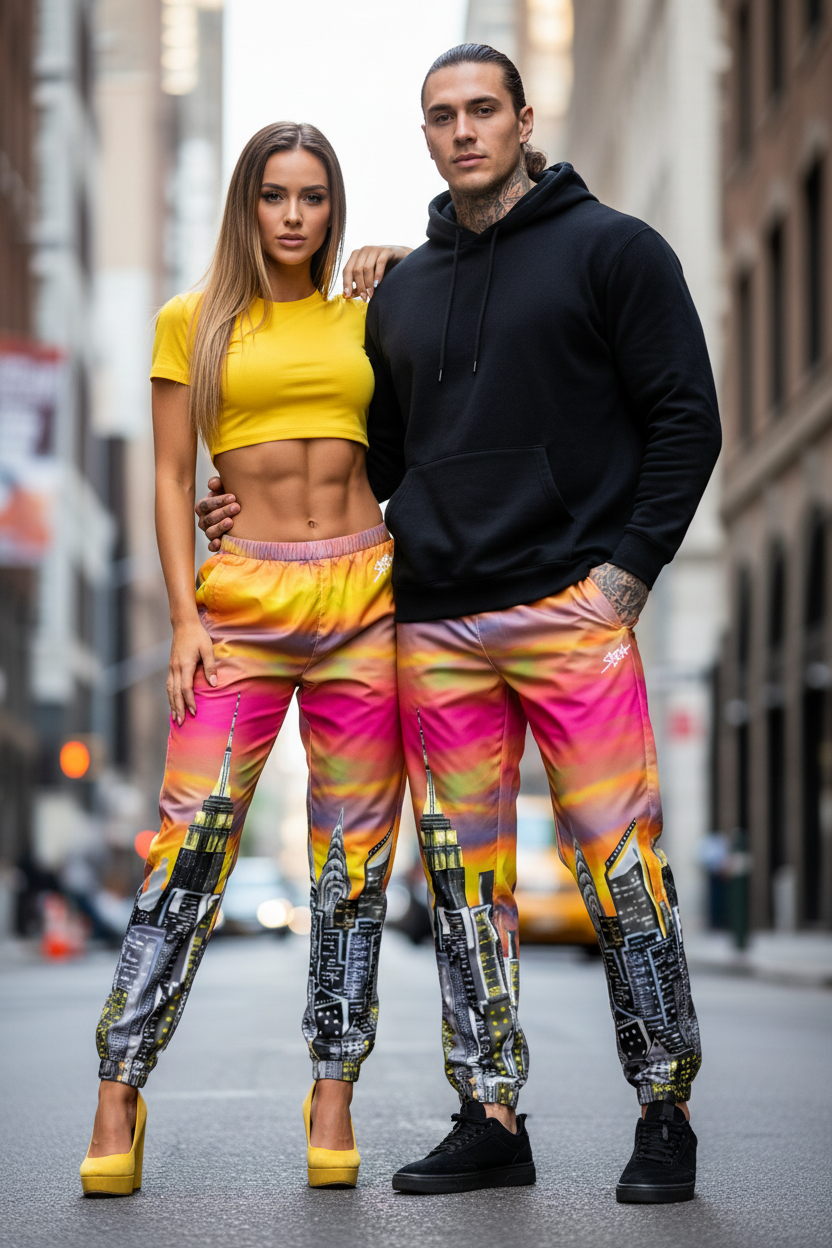 Two people wearing colorful Loria NYC Art outfits on a city street.