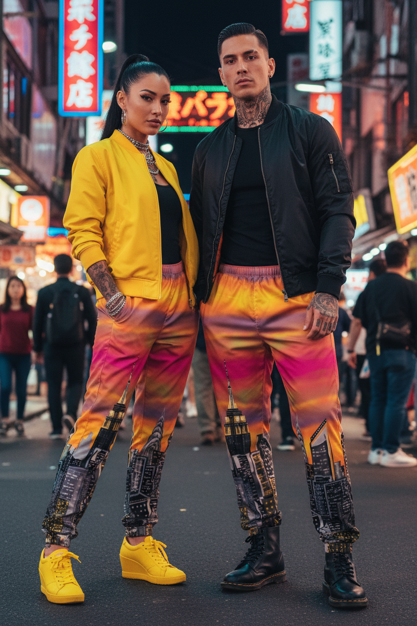 Two people in colorful Loria NYC Art outfits standing on a street with neon signs in the background
