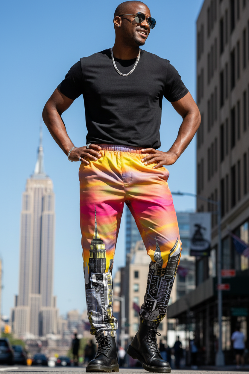Man wearing  Loria NYC Art colorful pants with a cityscape background