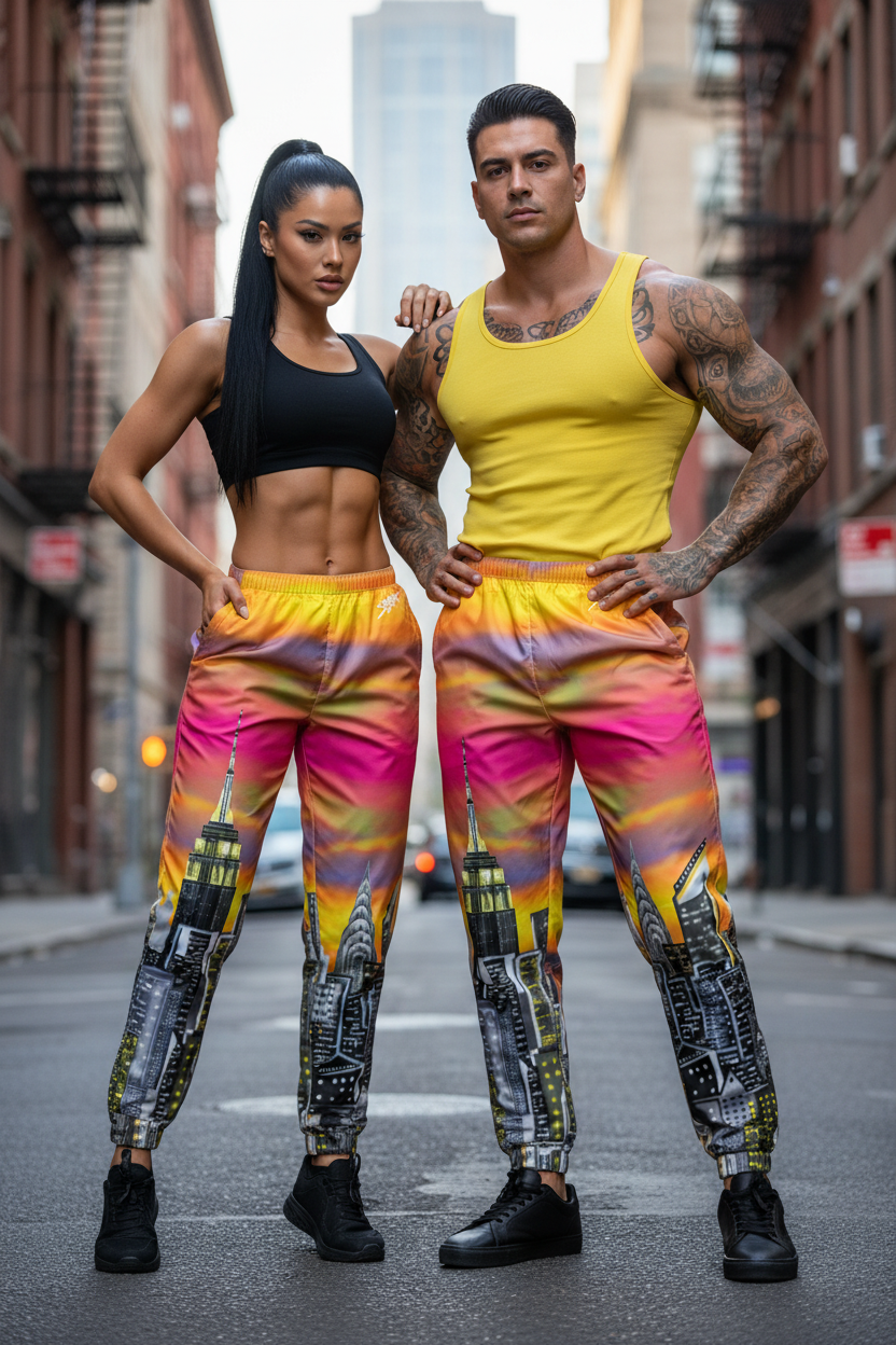 Two people wearing colorful athletic Loria NYC Art pants on a city street.
