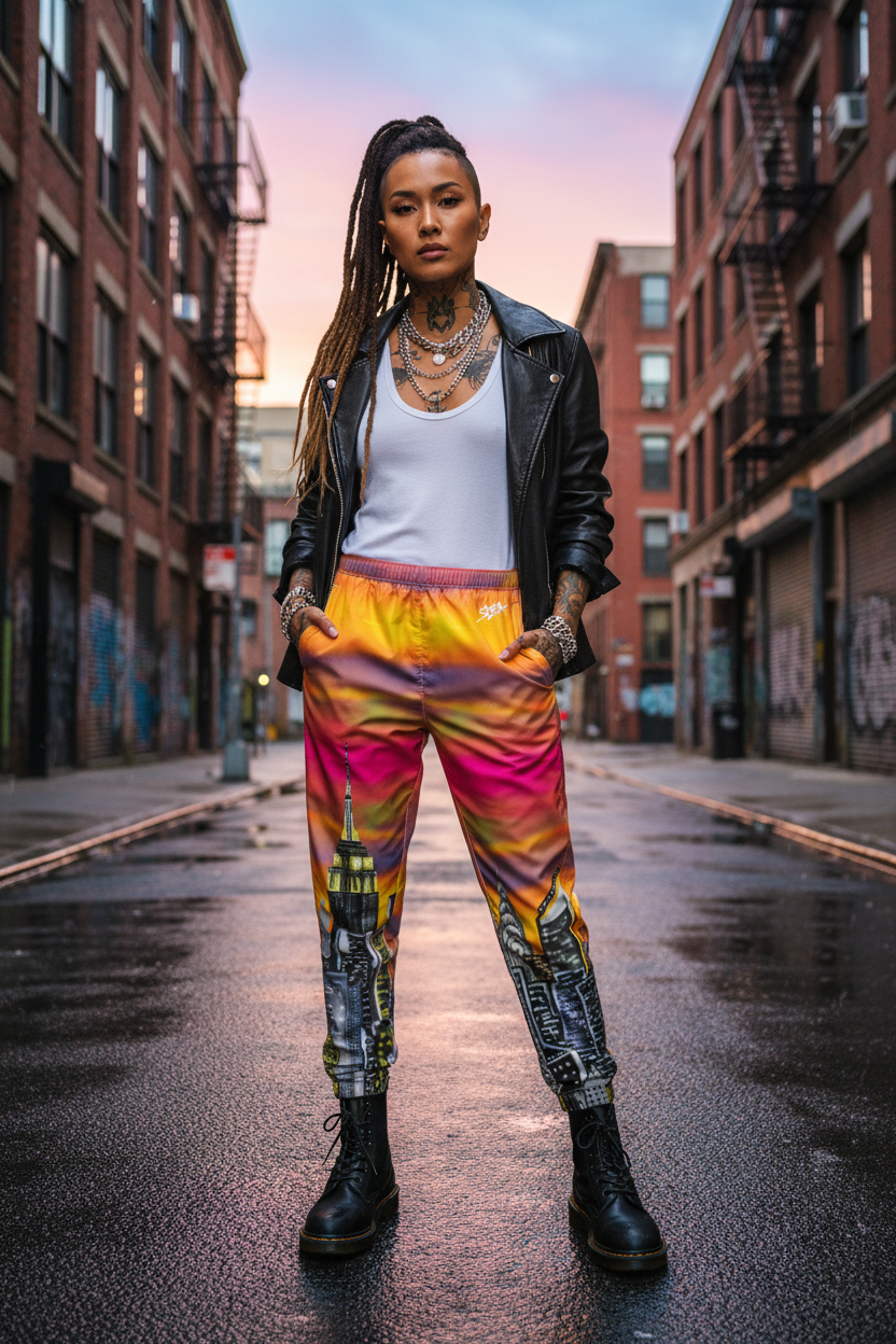Person wearing Loria NYC Art colorful pants and a black leather jacket on an urban street.