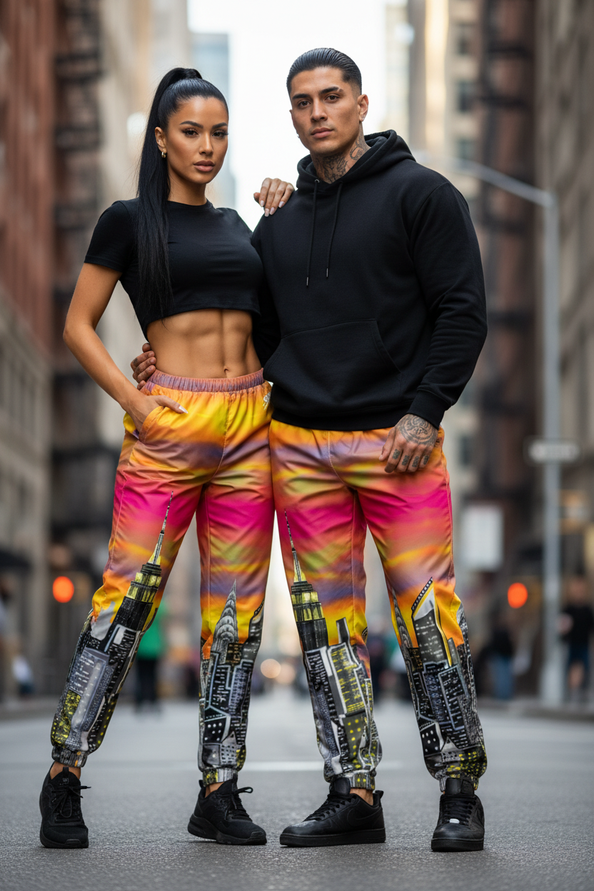 Two people wearing colorful Loria NYC Art pants with cityscape design on a street.
