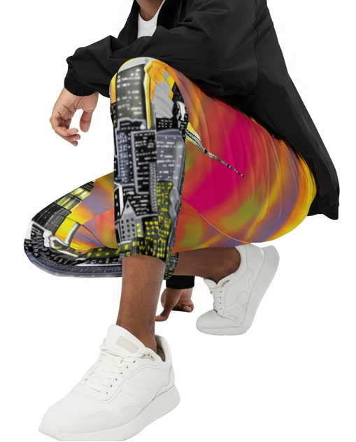 Person wearing a colorful Loria NYC Art track pants and white sneakers on a white background