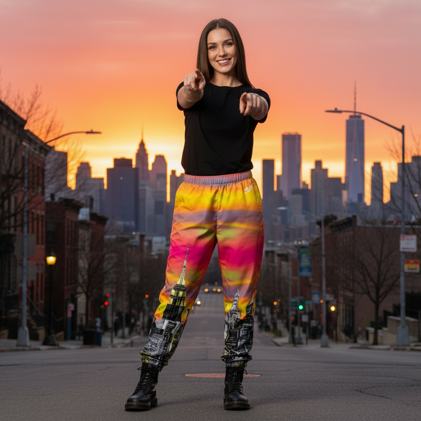 Person wearing a colorful tie-dye outfit with a white top and multicolored Loria NYC Art pants 