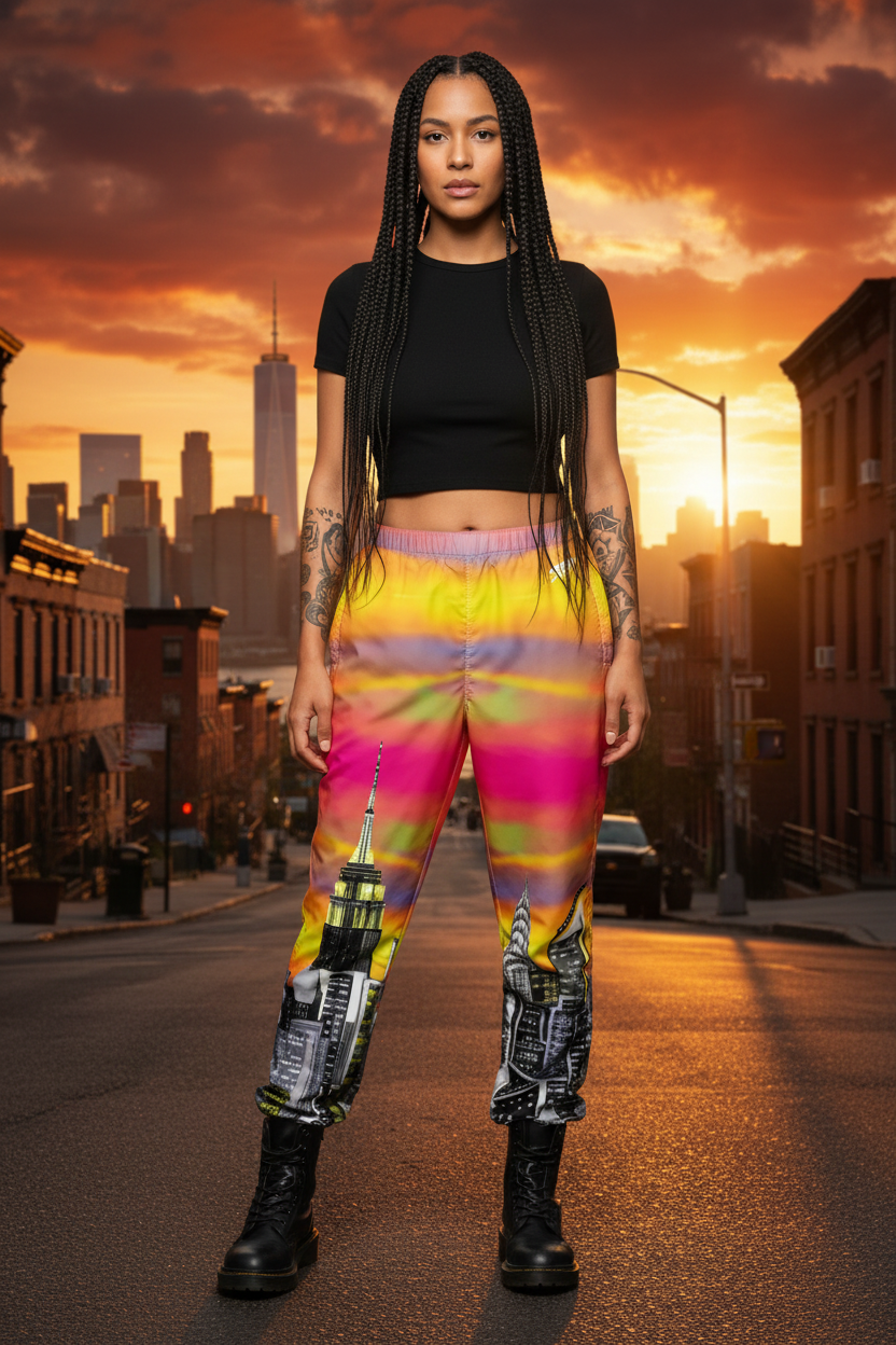 Person wearing colorful Loria NYC Art pants with cityscape design on a street at sunset.