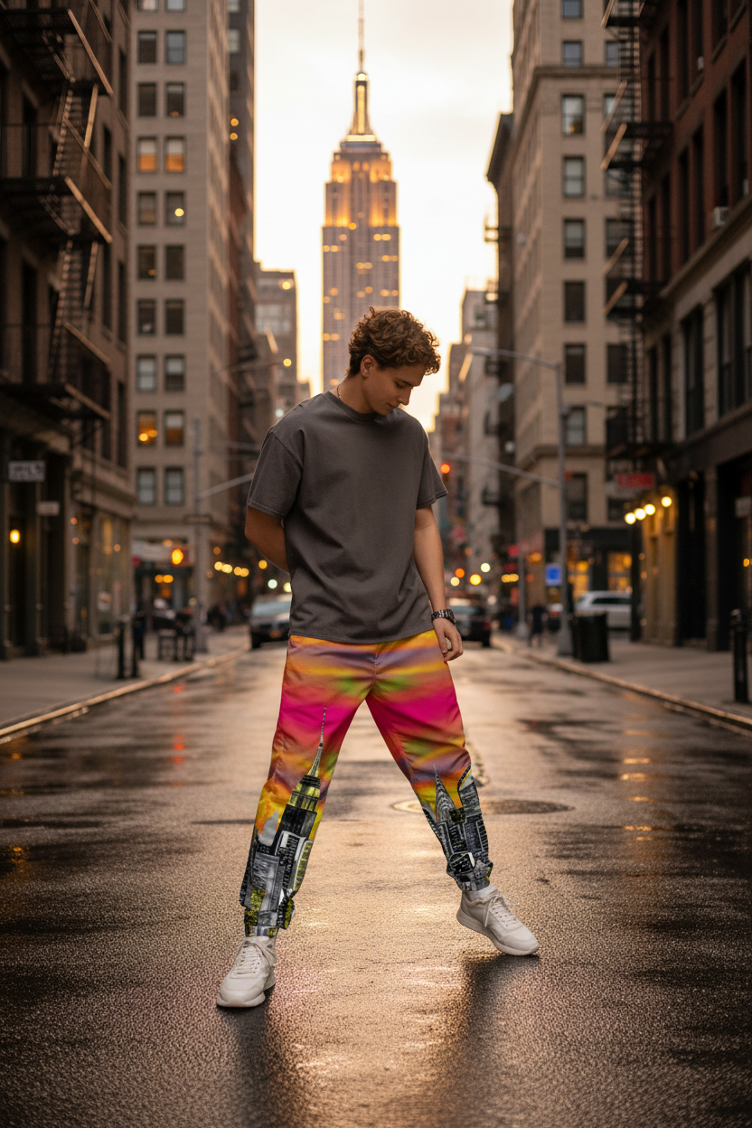 Person wearing a gray t-shirt and colorful Loria NYC Art pants with cityscape design on a urban background