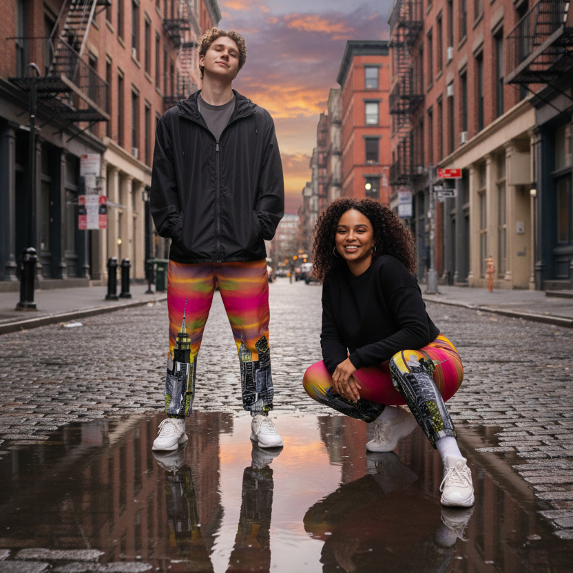 Two people wearing colorful pants with cityscape Loria NYC Art design on a urban background