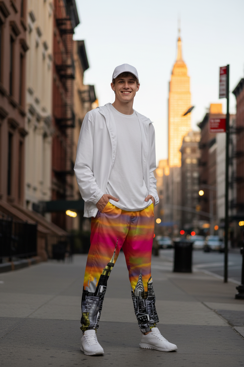 Person wearing colorful Loria NYC Art pants with a cityscape design on a urban background