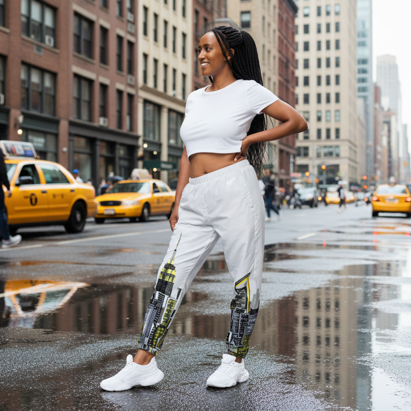 Woman wearing a white crop top and light gray Loria NYC Art sweatpants with grey and black patterns on city streets 