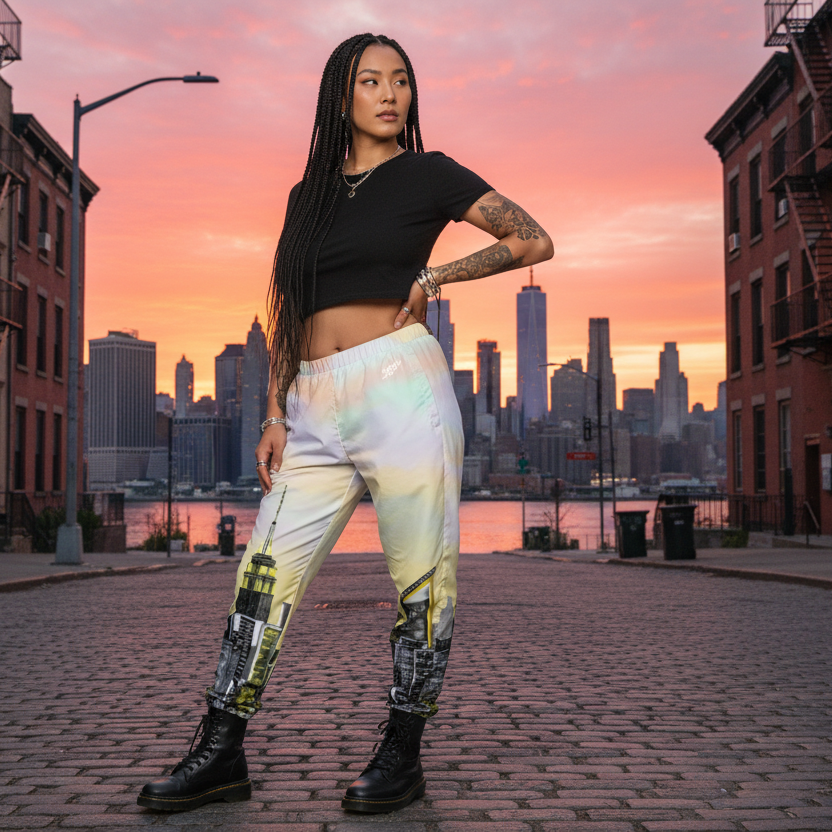 Woman wearing a black top and colorful tie-dye jogger Loria NYC Art pants on a city skyline background