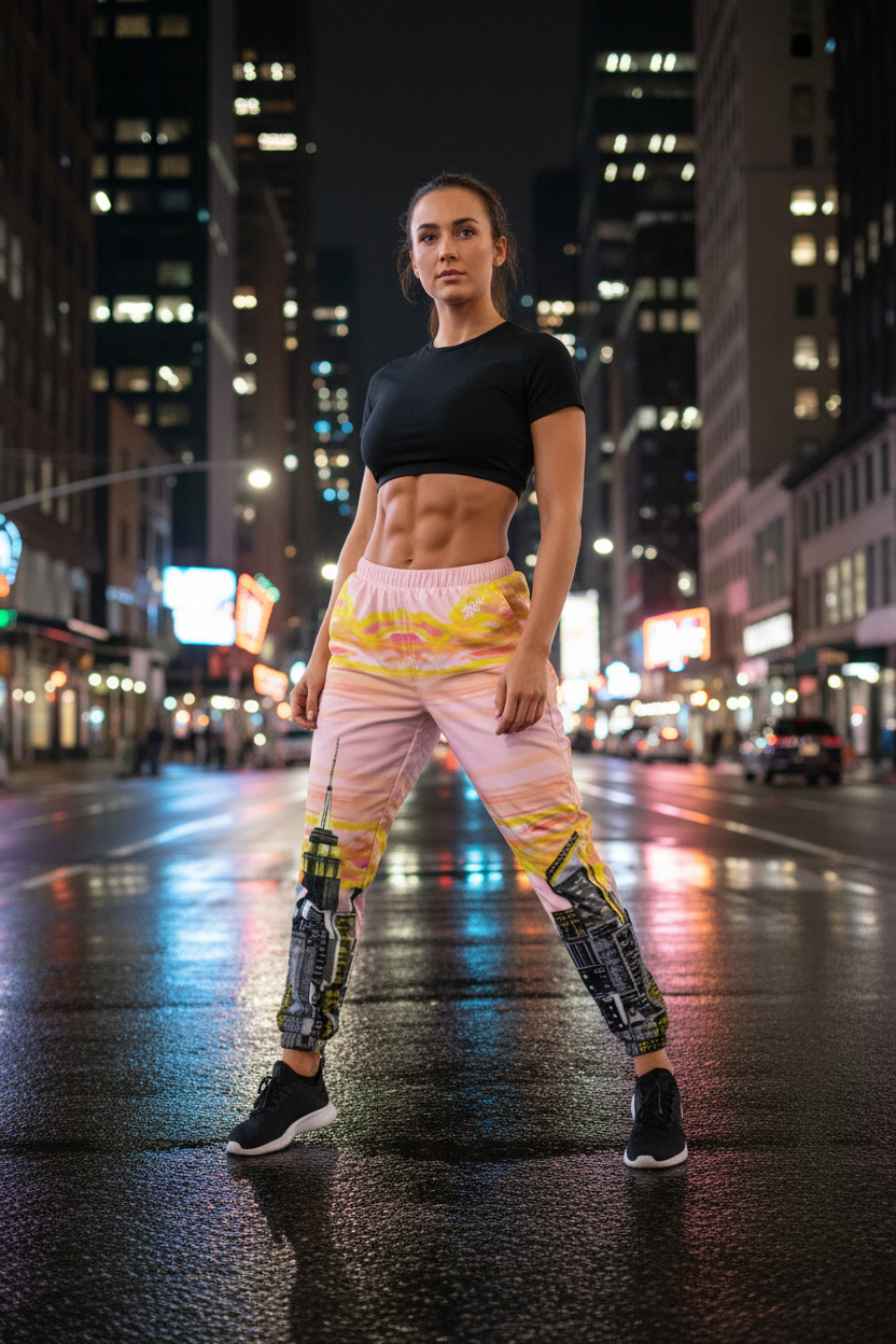 Woman wearing a white crop top and colorful Loria NYC Art pants on a white background