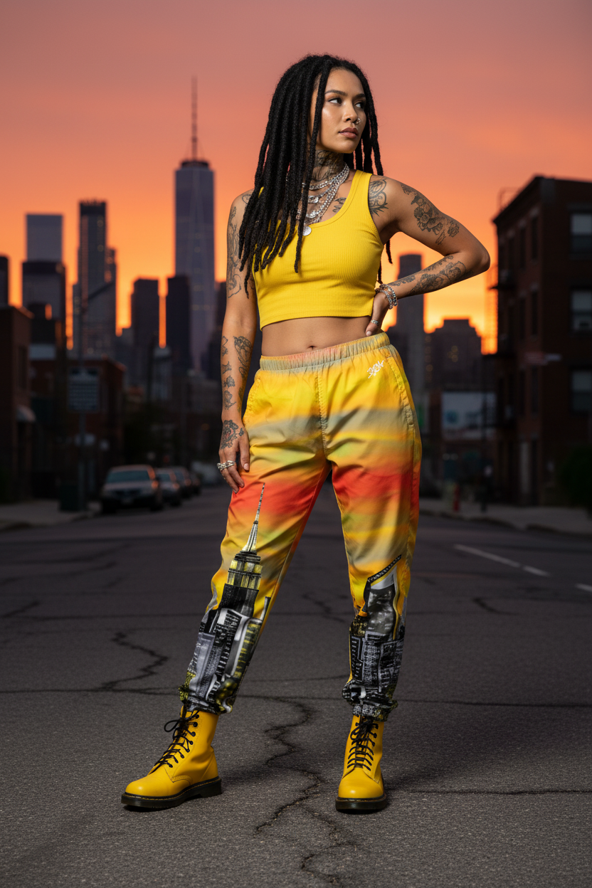 Woman wearing a yellow crop top and colorful Loria NYC Art pants on a sunset background