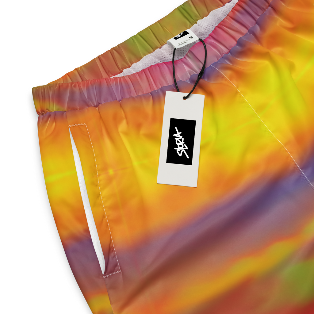 Tie-dye shorts with a Loria NYC Art brand tag on a white background